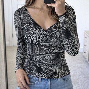 Y2K‎ Animal Print Top Long Mesh Sleeve Women Medium 2000s Grunge Indie Sleaze